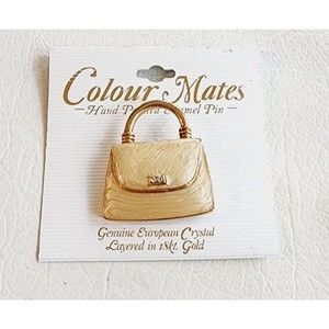 Vintage Colour Mates Gold Crame Enamel Brooch Pin, Handbag Purse Retro Jewelry